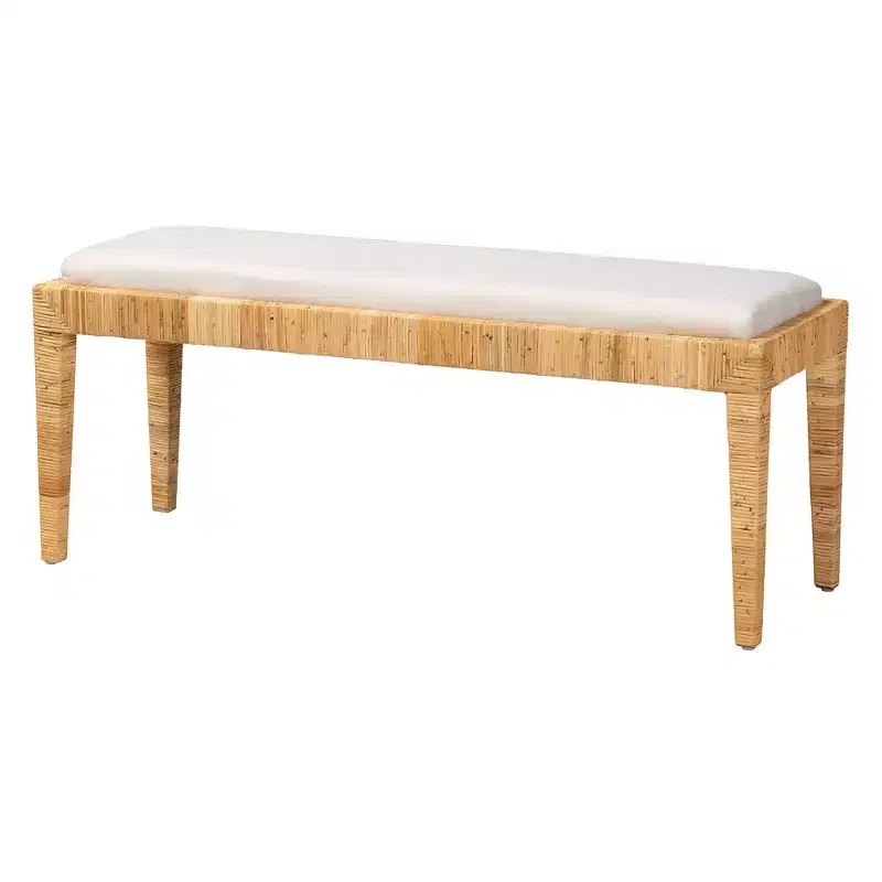 Sofia Rattan and Mahogany Wood Bench White/Natural Brown : Handmade, No Assembly Required