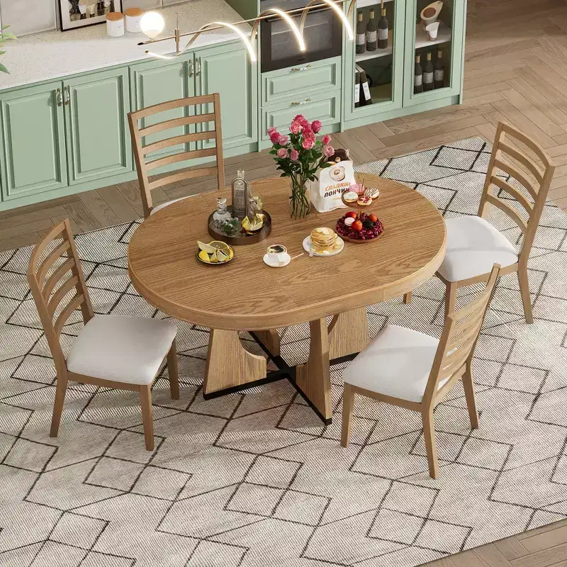 GDFStudio Dana Round 5 Piece Dining Set with Extendable Table and Upholstered Chair