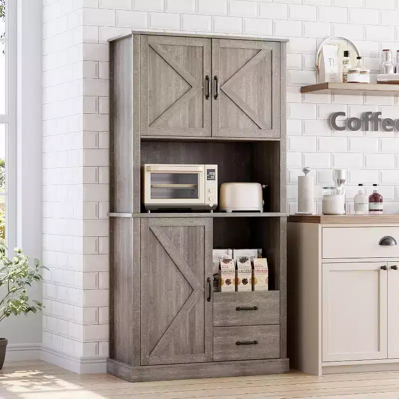 Stylish Kitchen Pantry Cabinet with Microwave Stand, Tall Hutch with Drawers & Shelves, Perfect Storage Solution for Dining and Living Rooms