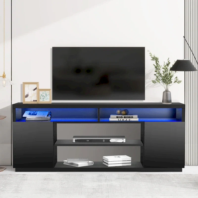 68-Inch Black Rectangular TV Stand with Open Shelves, Fits TVs up to 75 Inches