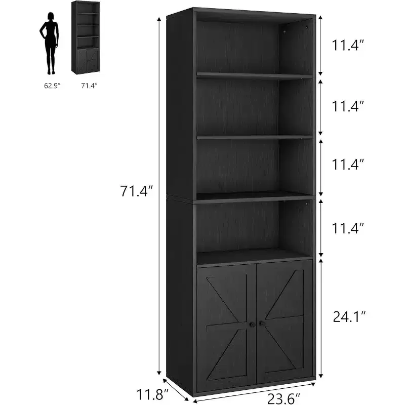 2-Pack Tall 4-Tier Wooden Bookcases with Double Doors & 4 Open Shelves, Floor Standing Display Cabinets for Home Office Library, Black