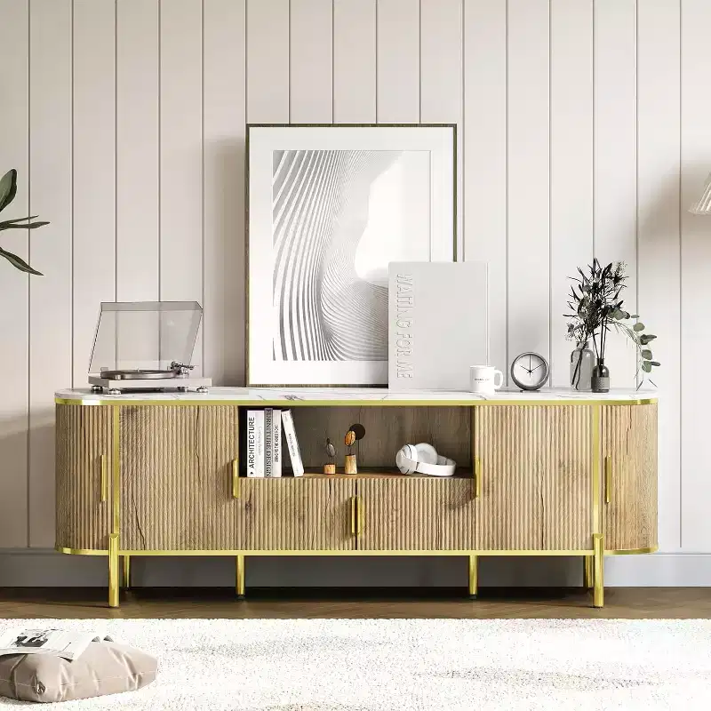 MDF Round Wave Pattern Four-Door TV Stand 70 Large Luxury Entertainment Center, Adjustable Shelves