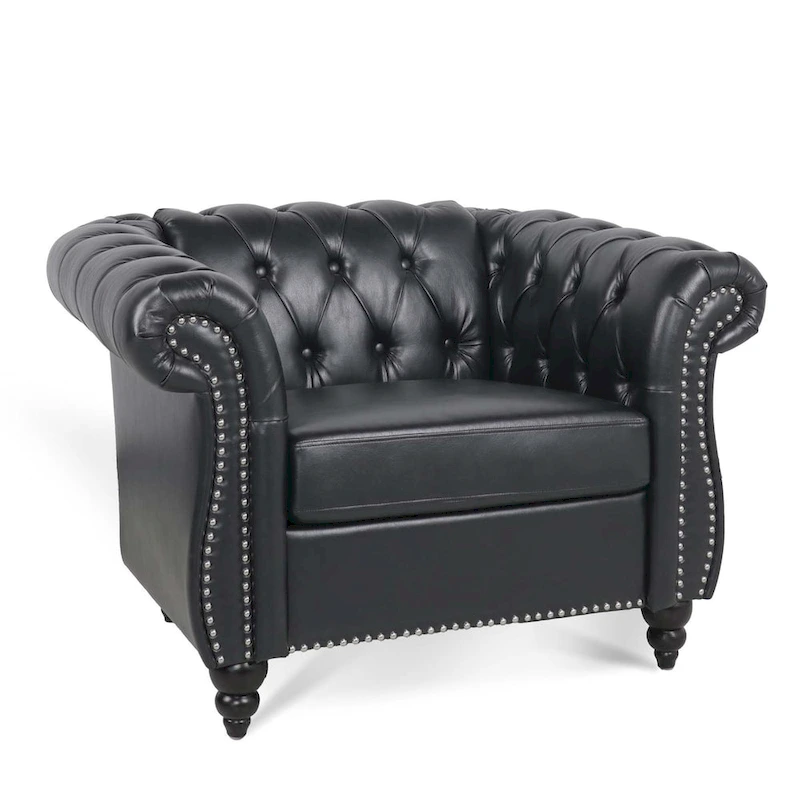 Classically Elegant 84.65 Three-Seater Rolled Arm Chesterfield Sofa in PU Leather - Sturdy Birch Legs, Soft Upholstery