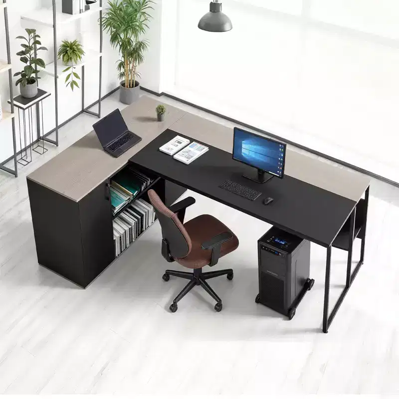 VEVOR L-Shaped Executive Desk, Large Modern Office Table with Drawers & Storage Cabinet&CPU Stand, 350 LBS Load Capacity, Black&Brown