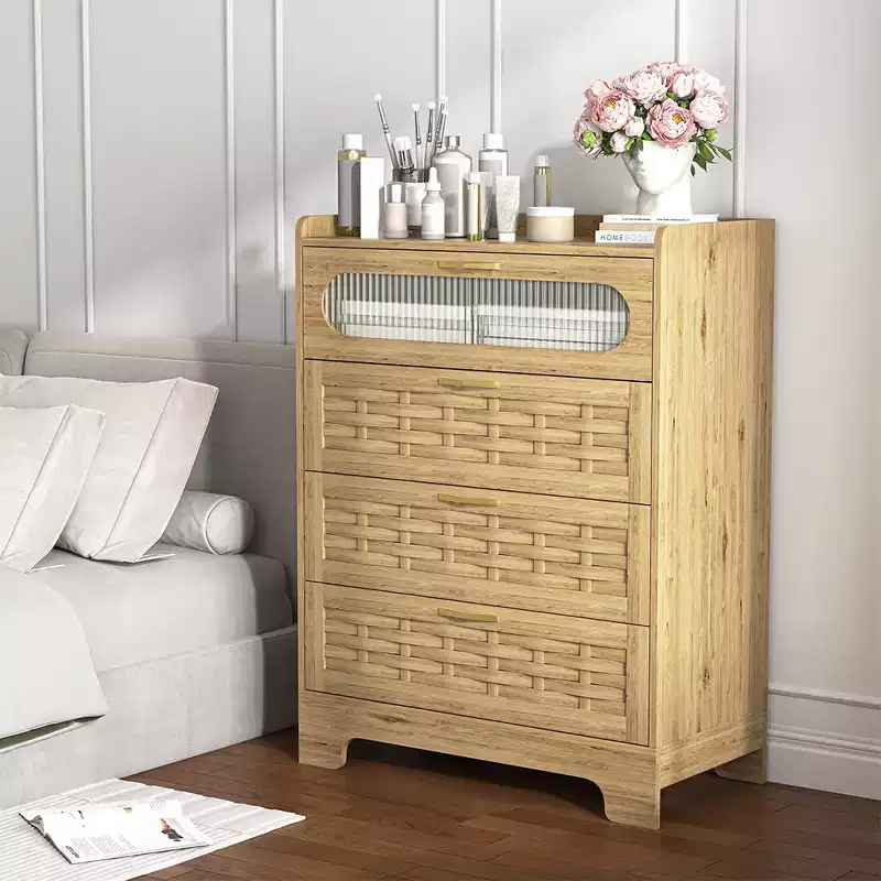 4-Drawer Dresser with Woven Wood Top, Gold Handles and Acrylic Door
