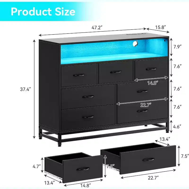 Acekool 7 Drawer Dresser with Charging Station, Modern Wide Chest for Bedroom or Living Room