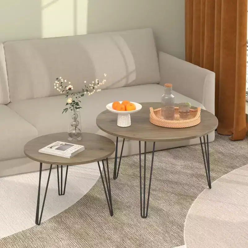 27.56 Round Nesting Table Set of 2, Rustic Brown Wood-Look Tops, Sturdy Metal Base, Space-Saving Accent End Tables
