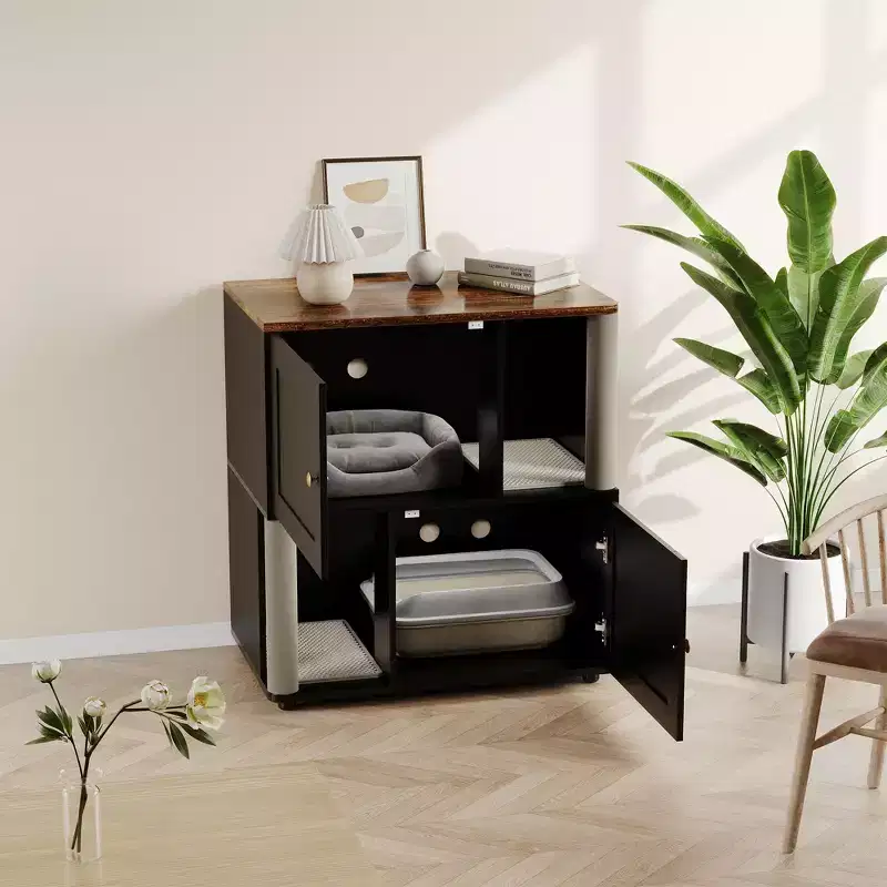 Double Cat Litter Box Enclosure for 2 Cats  Hidden Dual Litter Cabinet, Mark Mats & Sisal Post, Dog-Proof Modern End Table, Large Storage Cat House