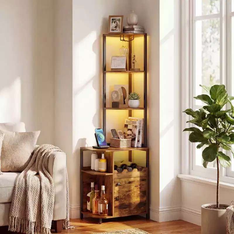Corner Bar Cabinet with LED Lights & Charging Station, Glass Holder, Open Shelves