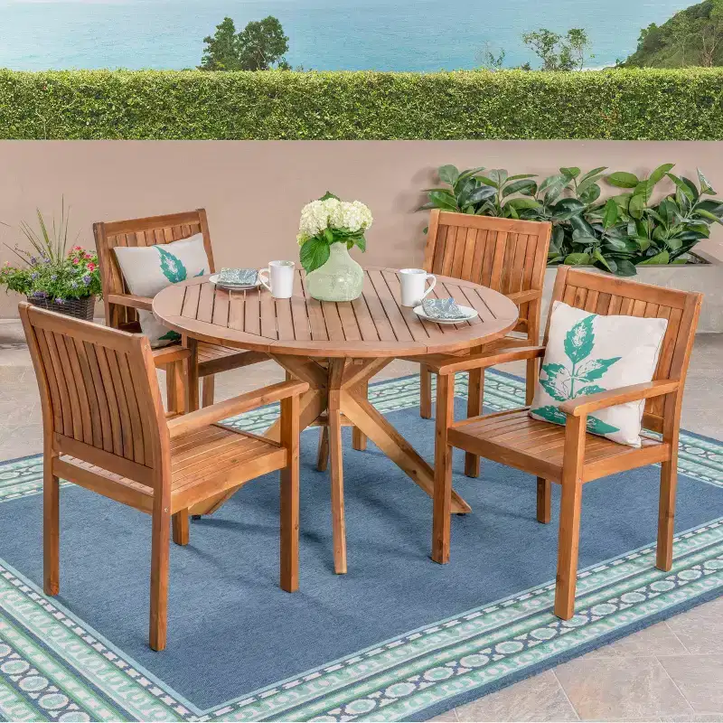Karen 5pc Acacia Dining Set - Teak - Christopher Knight Home: Weather-Resistant, Circular Table, 4 Arm Chairs