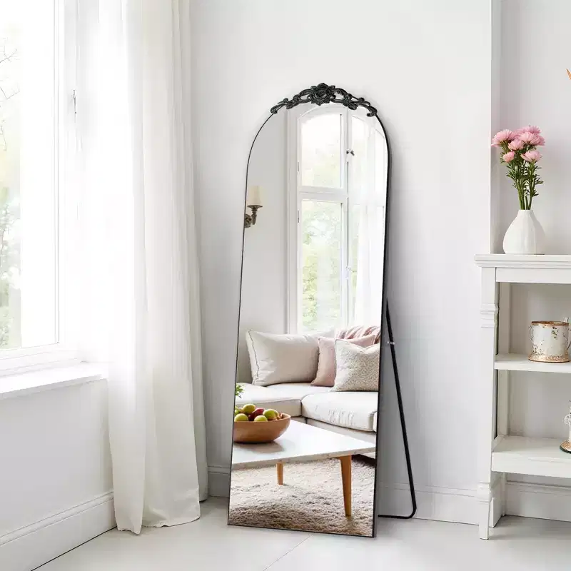 Wooden Carved Full-Length Mirror: 64.35x23.4, Vintage Black, Right Angled Arch, Bracket Attached