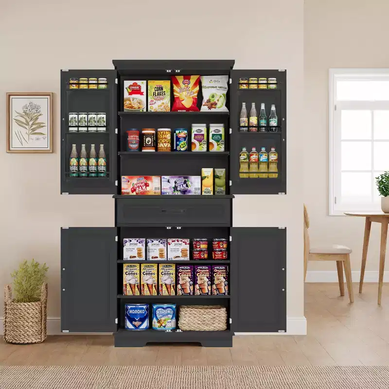 Black Freestanding Pantry Cabinet with Drawer, 4 Adjustable Shelves, 6 Door Shelves