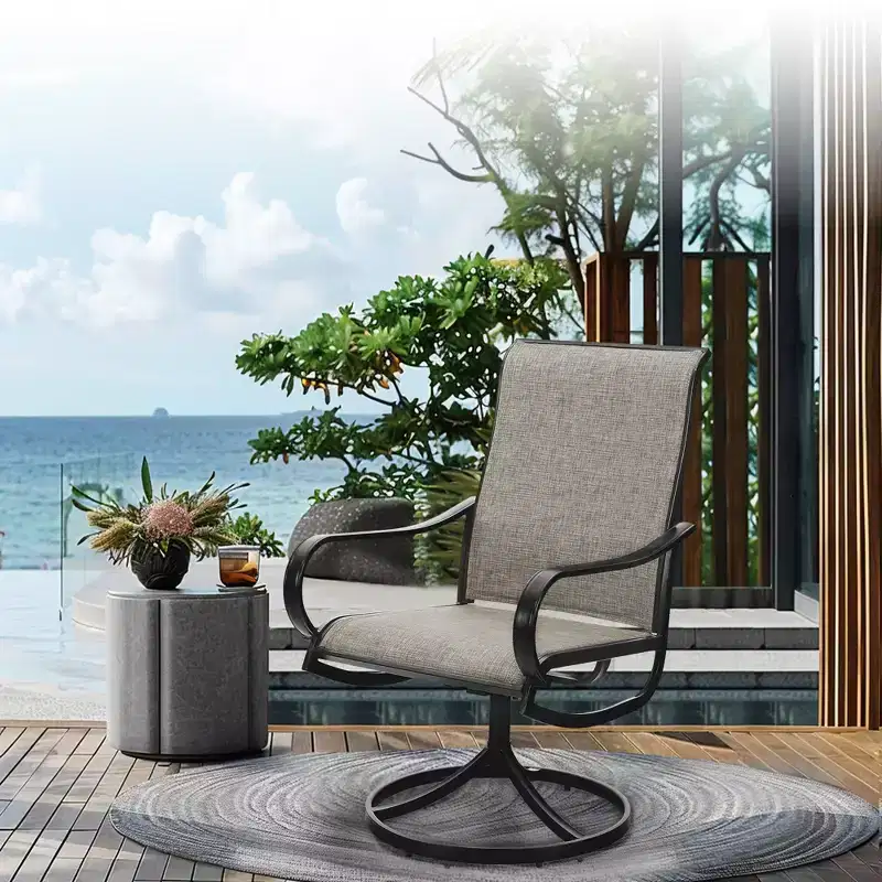 Captiva Designs 6pc Patio Square Steel Dining Table & Sling Swivel Chairs & Market Umbrella
