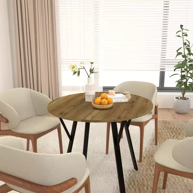 Farmhouse Round Dining Table for 2-4, Modern Wood Kitchen Table with Metal Legs for Dining Room, Living Room, or Office