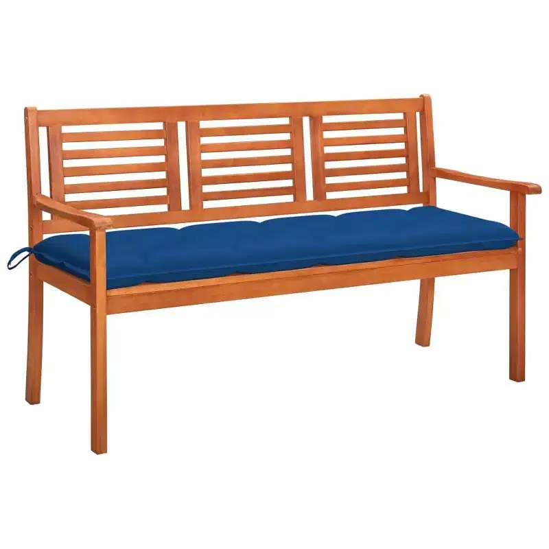 vidaXL 3-Seater Outdoor Patio Bench with Cushion, Sustainable Eucalyptus Construction, Comfortable Ergonomic Design, w/ Royal Blue Cushion