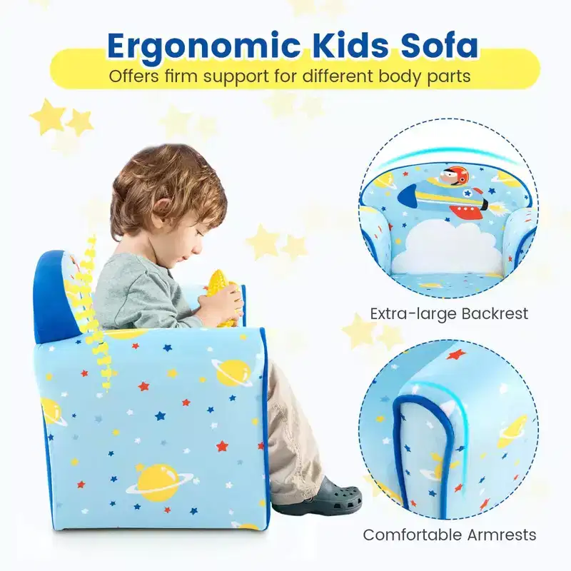 Kids' Sofa Chair – Toddler Upholstered Armchair, Wooden Frame, Blue