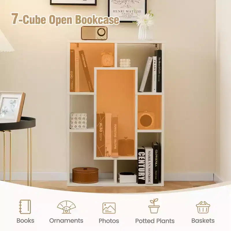 Costway 2 PCS 7-Cube Geometric Bookshelf with Anti-Toppling Device Modern Open Bookcase White/Grey/Natural