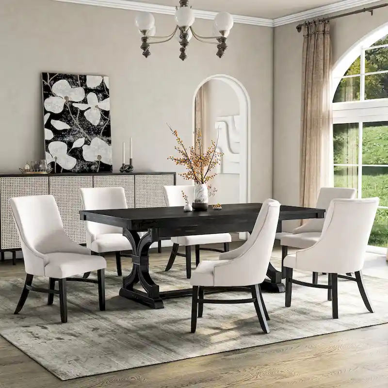 Kieran Farmhouse Black Wooden Dining Table with 6 Chairs