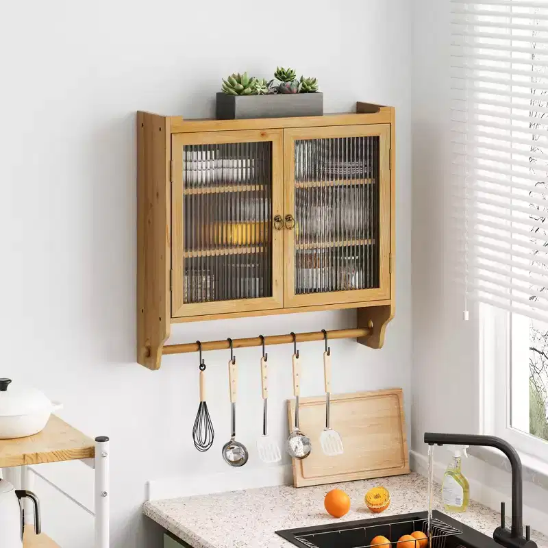 24.8Glass Door Vintage Double Door Wall Cabinet with Three Tiers of Storage with Towel Rack, for Bathroom, Kitchen,Dining Room