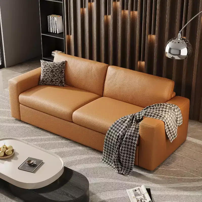 ATJafurn 82.7 Inch Orange Leather Sectional Sofa Couch, Mid-Century Modern Upholstered Loveseat Sofa with Square Arm for Living Room and Small Space