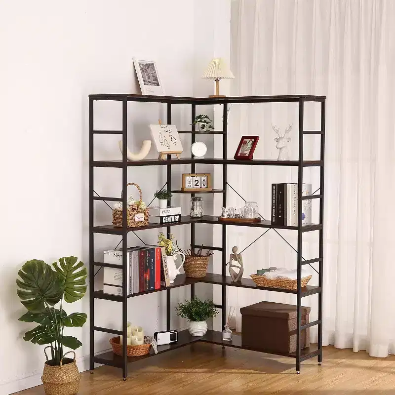 5-Tier L-Shaped Bookcase, Metal Frame Corner Bookshelf with Open Storage and Curved Panels, Vintage Industrial for Living Room, Office
