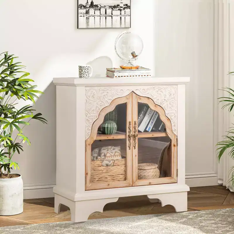 Vintage Hollow Carved 2-Door Wood Storage Cabinet for Kitchen, Entryway & Living Room