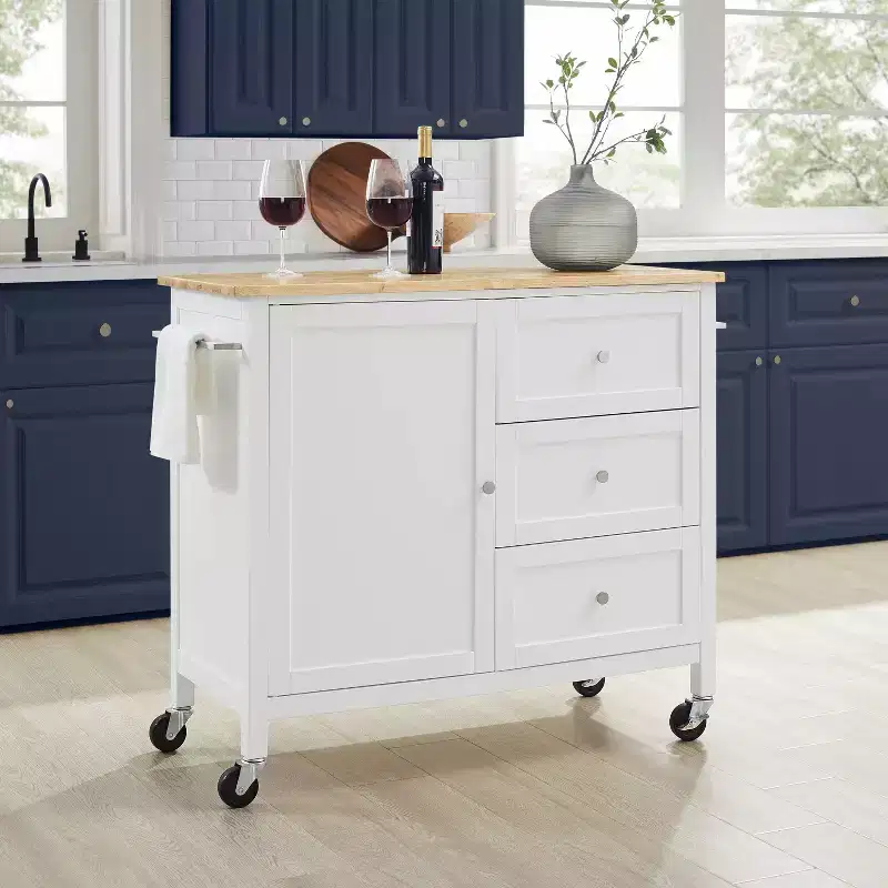 Soren Wood Top Kitchen Island/Cart Natural/White - Crosley: Adjustable Shelves, Mobile Cart Option, Shaker Style