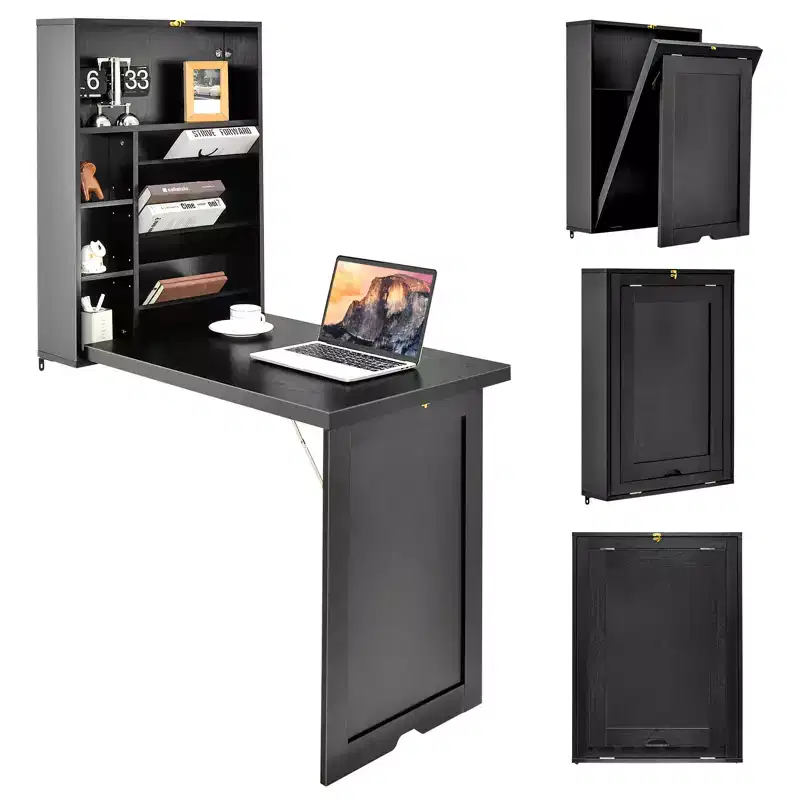 Wall Mounted Computer Convertible Desk Floating Desk w/ Storage Bookcases