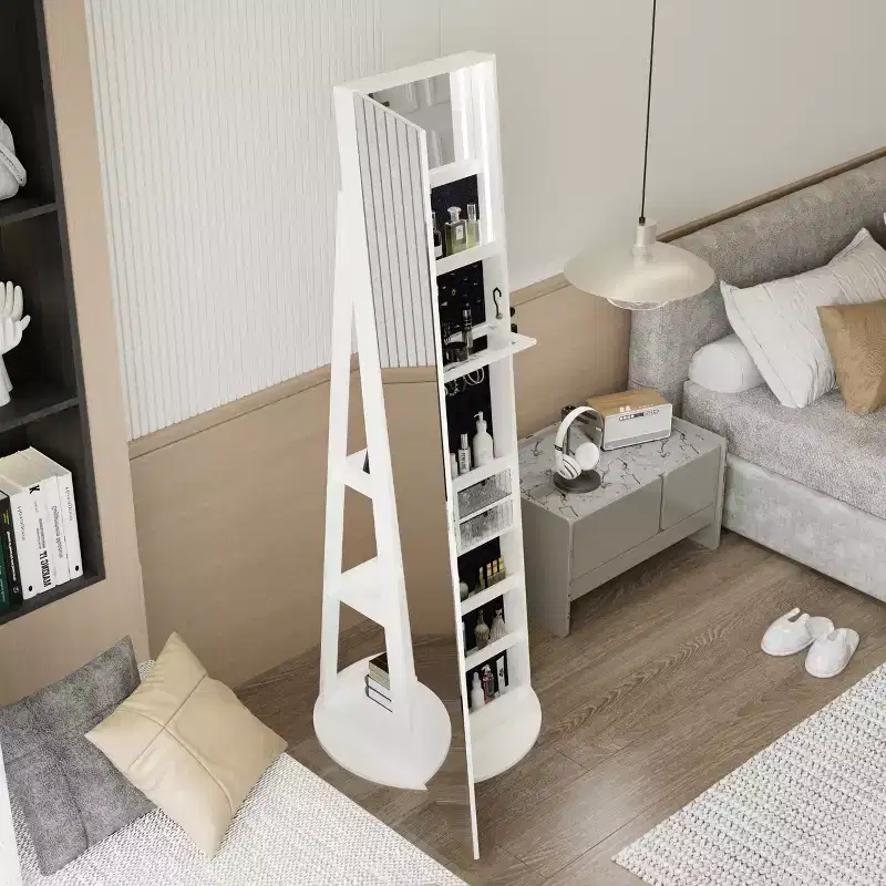 JVNOXK 360 Rotating Vertical Jewelry Cabinet Storage Rack 360 Rotating Jewelry Cabinet with Full-Length Mirror Lockable Storage Cabinet White