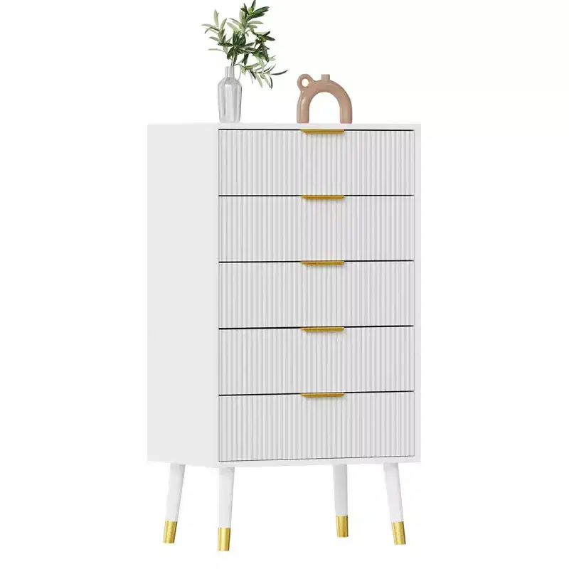 Fluted Entryway Storage Cabinets Set of 2, 5 Drawer Black Wood Dressers, Gold Metal Handles, Nightstands for Bedroom, Living Room, Entryway, White