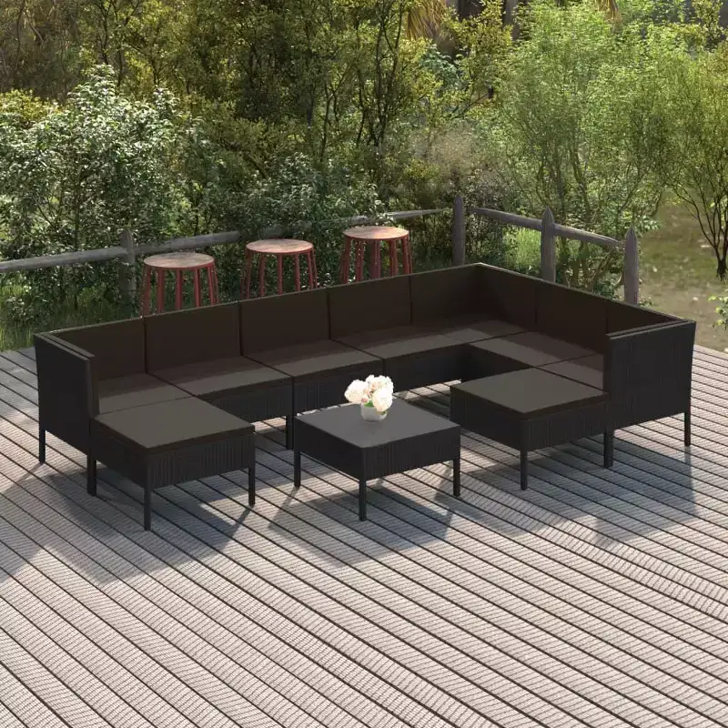 vidaXL 10-Piece Outdoor Patio Lounge Set - Poly Rattan Garden Furniture with Cushions and Table - Weather-Resistant, Easy-to-Clean, Black