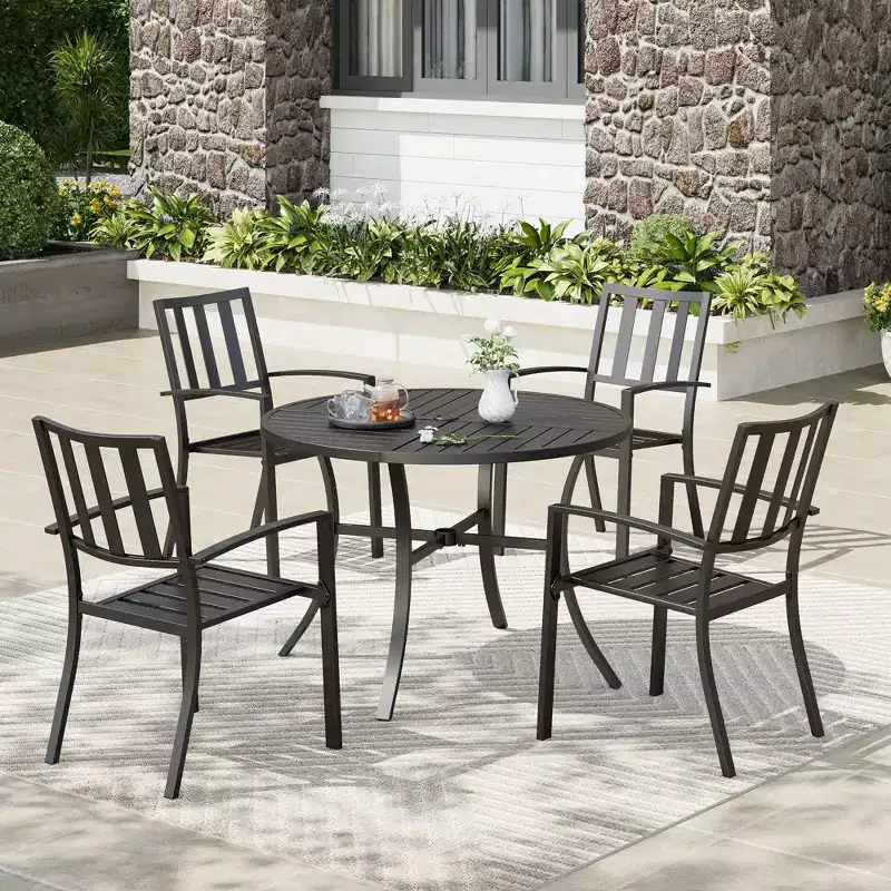 5pc Outdoor Dining Set with Striped Stackable Chairs & Round Metal Table with Umbrella Hole - Black - Captiva Designs: Steel Frame