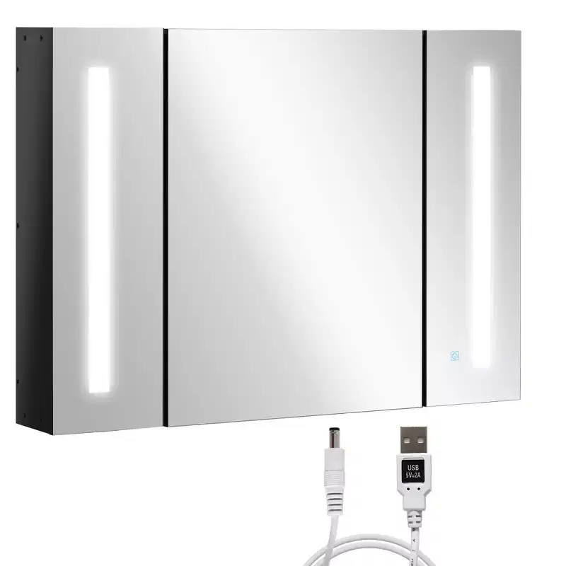 kleankin LED Lighted Medicine Cabinet with Mirror, 35.5 x 25.5 Wall Mounted Bathroom Cabinet with 3 Cupboards, Memory Function, USB Charge