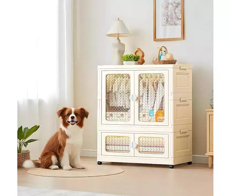 Storage Box with Wheels, 103 cm, Folding Wardrobe with Hanging Rail, 2 Stackable Boxes, Wardrobe with Double Doors for Home and Office