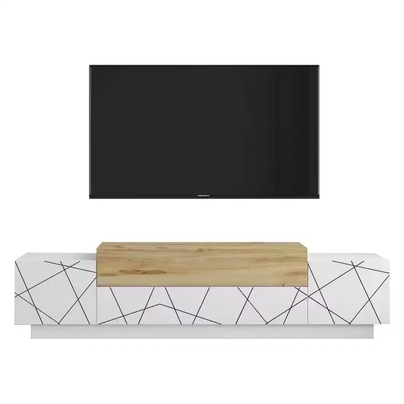 HomeStock Floyd TV Unit Stand White Felt - UV Print Entertainment Center Console 63 Inches with Storage Shelves & Doors