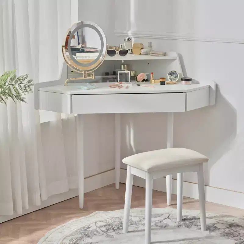 Corner Vanity Desk for Bedroomwith Adjustable Brightness Mirror, Open Storage Shelves, and Space-Saving Design for Bedroom Use