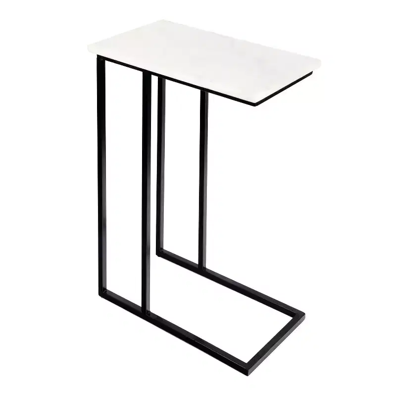 24.25 Designer Industrial Metal C-Shaped End Table & Side Couch Table with White Marble Top