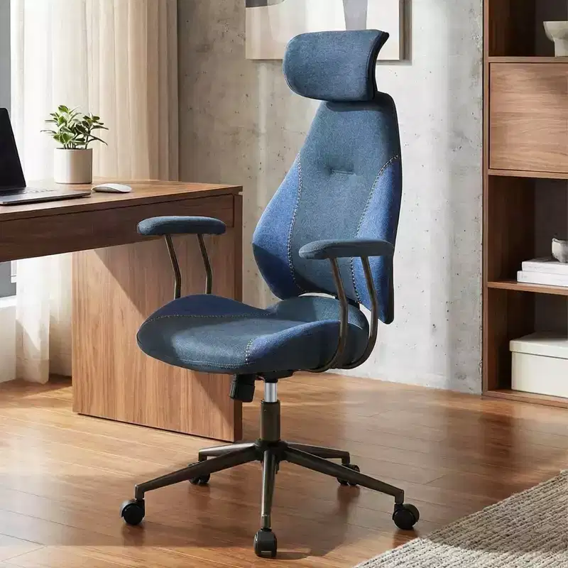 Ergonomic Office & Gaming Chair with 2D Headrest, Rocking Backrest & Wheels - Blue/Brown/Beige