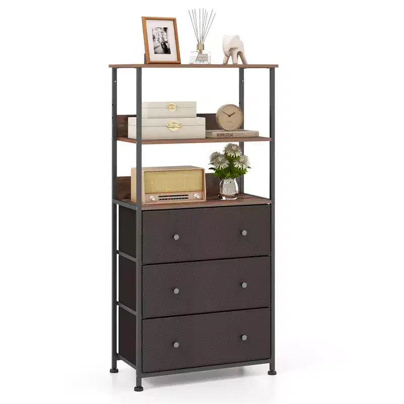 Costway 3 Drawer Dresser w/ Open Shelves Home Vertical Fabric Storage Unit Metal Frame