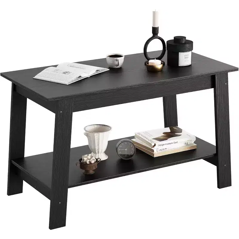 Modern Farmhouse Coffee Table with Storage Shelf, 2-Tier Rectangular Wood Center Table for Living Room & Home Office