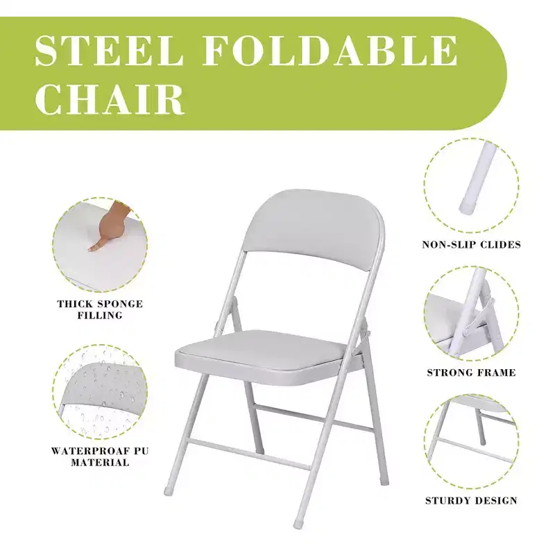 4-Pack Folding Chairs with Padded PU Leather Seat & Back, Metal Frame, 350 lb Capacity White