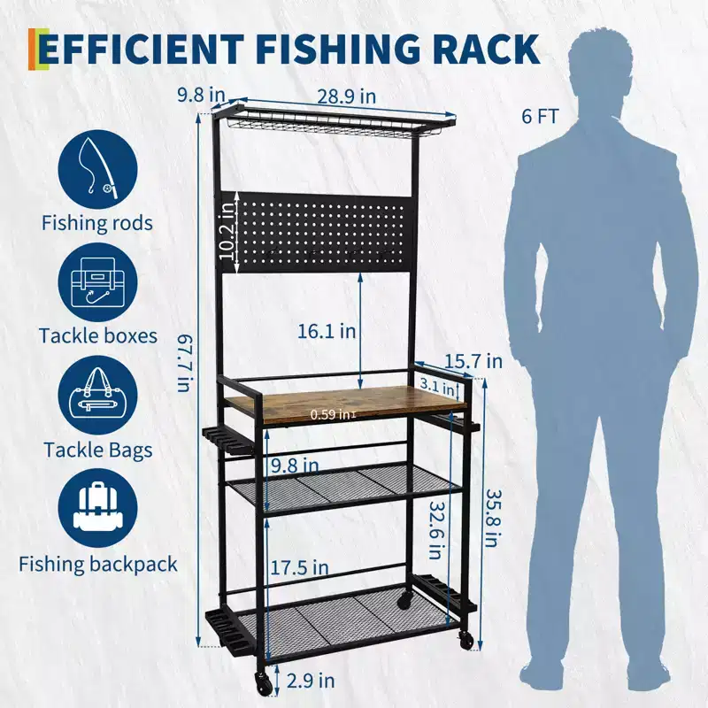 Fishing Rod Holders for Garage, 3-Tier Fishing Pole Rack Holds 12 Rods with Hooks & Pegboard, Gear Storage Organizer for Tackle Box Storage