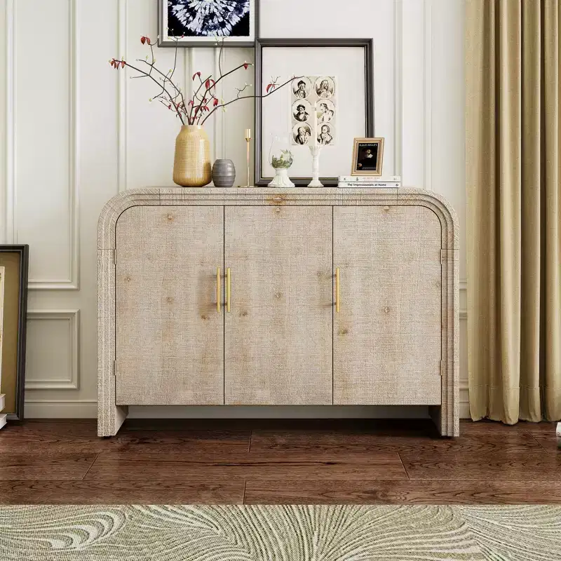 MAYEERTY Retro Curved Sideboard with Gold Handles Adjustable Divides for Living Room Dining Room Natural