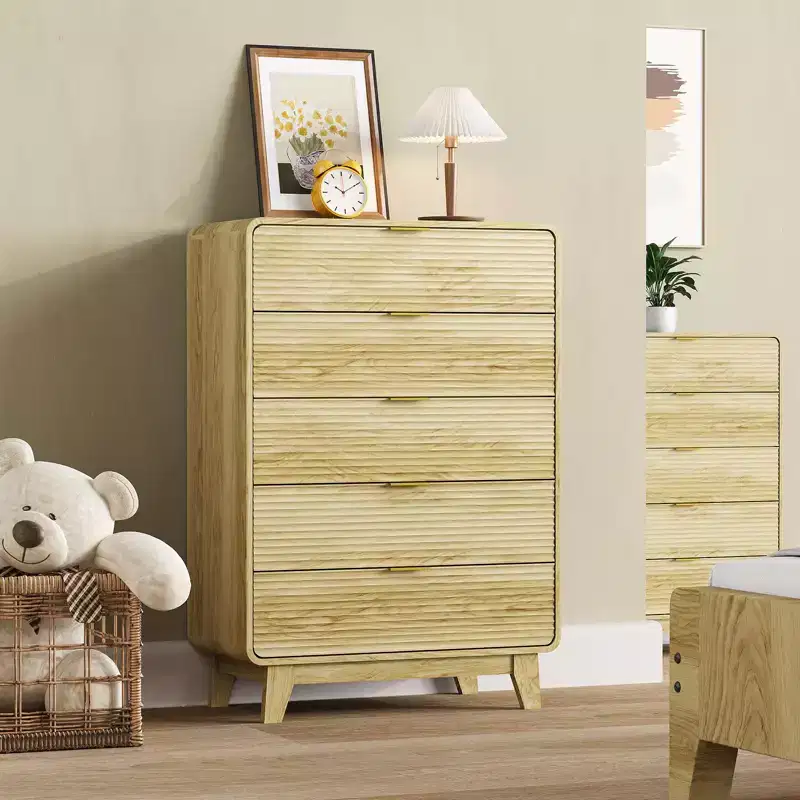 Wooden 5-Drawer Dresser with Gold-Tone Handles & Curved Silhouette, Contemporary Display Cabinet with Wood Legs for Living Room, Bedroom & Entryway