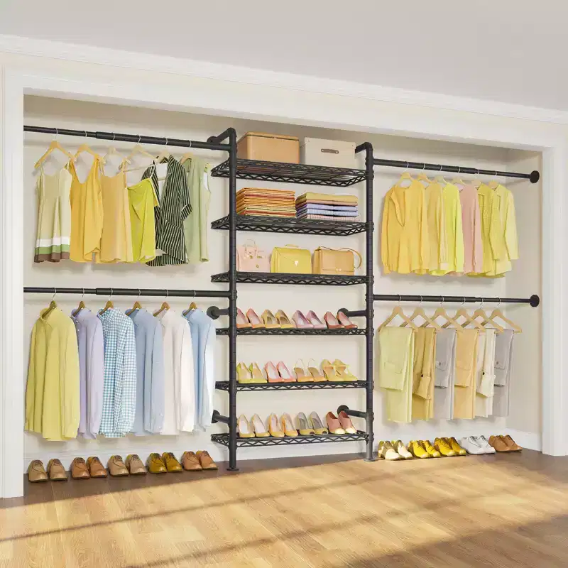 Closet Organizer System, Expandable Wall Mounted Clothes Rack, Industrial Pipe Garment Rack, Fits Spaces 6'4-9'3