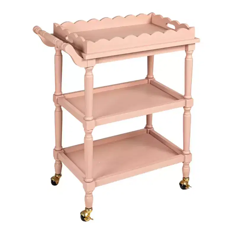 Storied Home 3-Tier Bar Cart on Casters with Removable Scalloped Tray, Pink