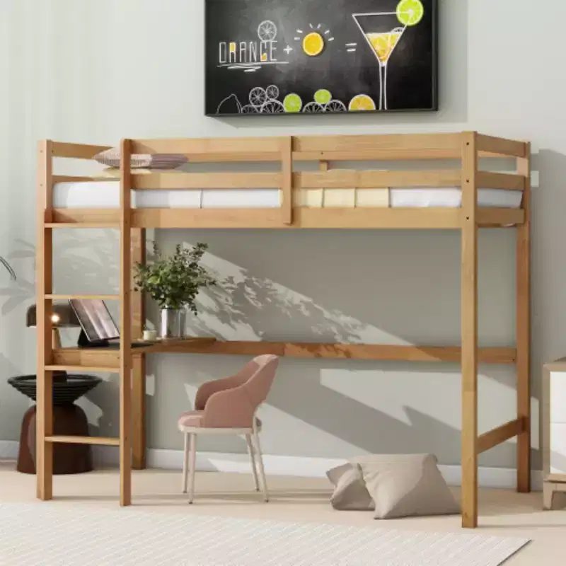 Twin High Loft Bed with Safety Guardrail & Integrated Desk, Solid Rubberwood, 66.5