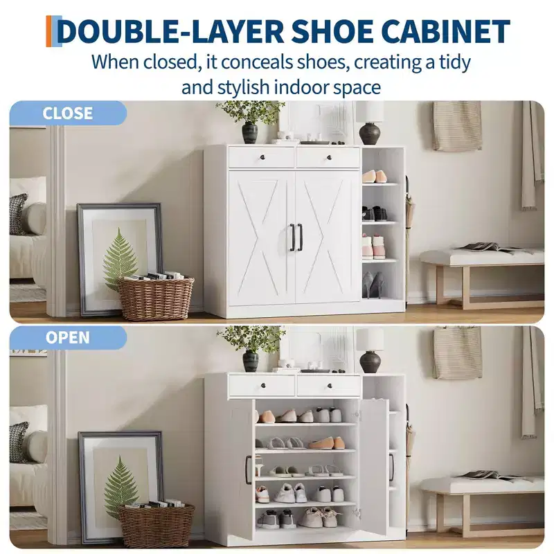 Shoe Cabinet with 2 Barn Doors & 2 Drawers, 7-Tier Entryway Shoe Storage with Adjustable Shelves