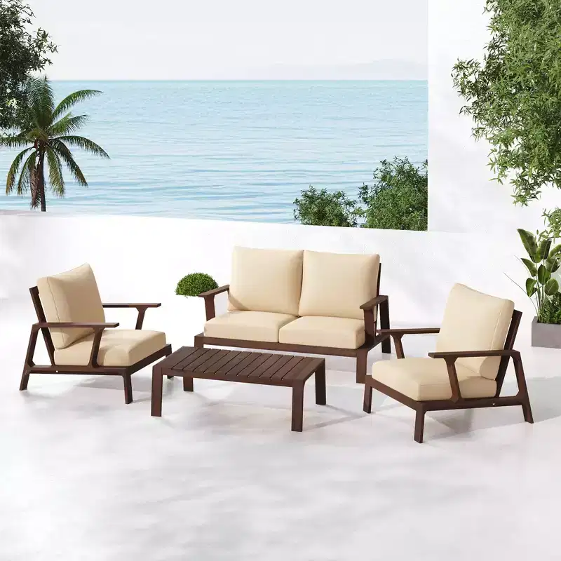 Scott Living Doris 4 Piece Outdoor Rustic Slat Design Acacia Wood Upholstered Seating Set