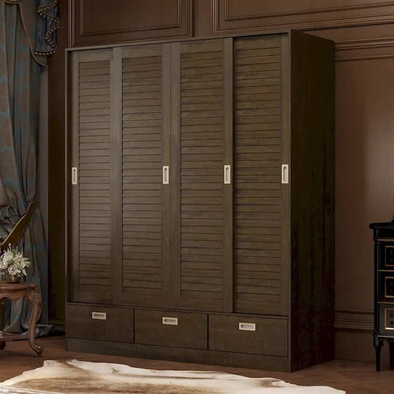 Brown Wood Grain 4-Door Sliding Wardrobe with Drawers & Hanging Rod